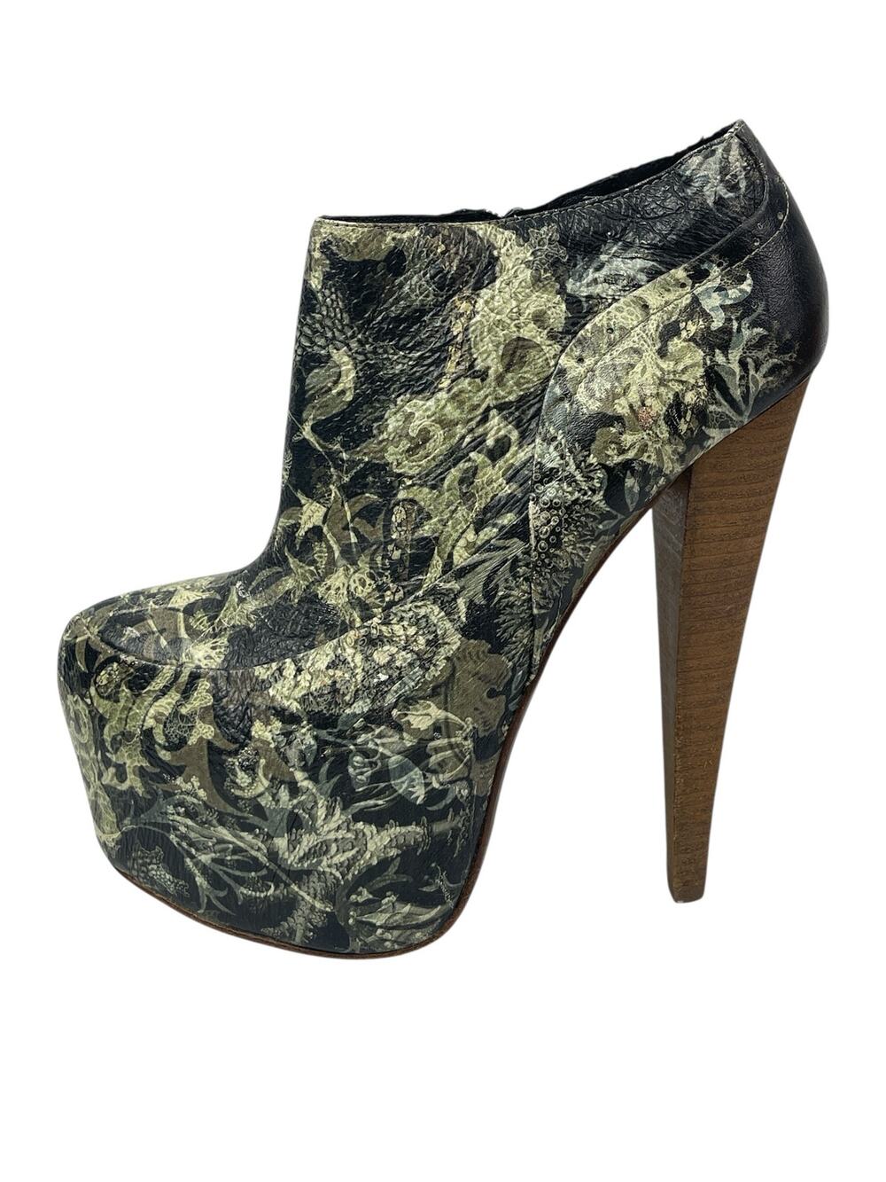 Aldo Rise Green Leather Floral Almond Toe Stiletto Heel Platform Ankle Boots 6